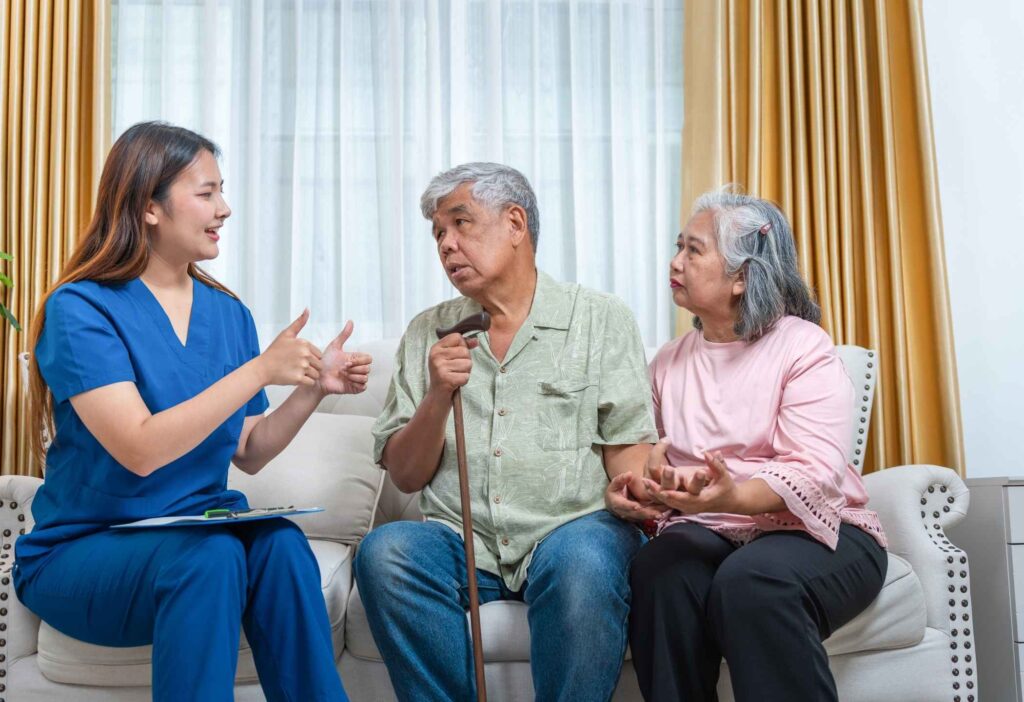 Family members meeting together to discuss a parent's care options