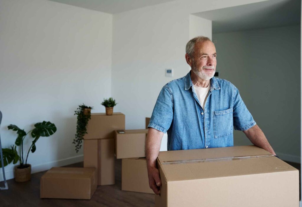Family helping a parent pack and downsize for a move to senior living